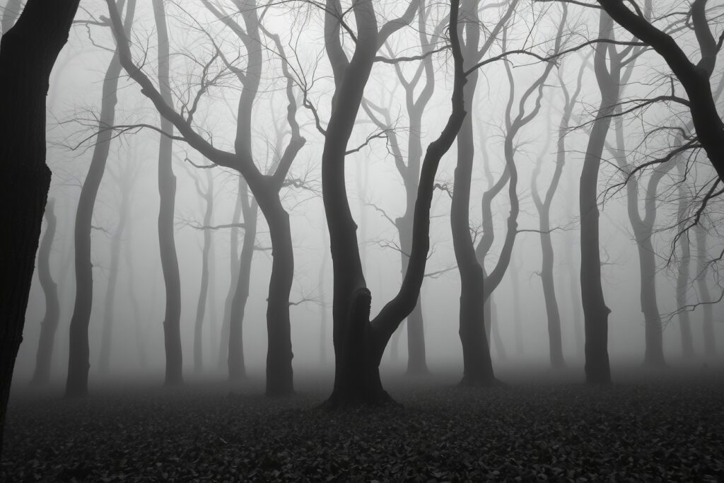 Monochrome Silence of a Foggy Forest – free AI stock image
