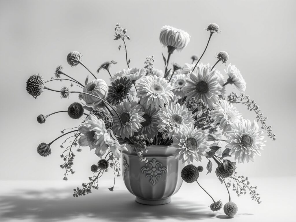 Monochrome Still Life of Dried Flowers – free AI stock image