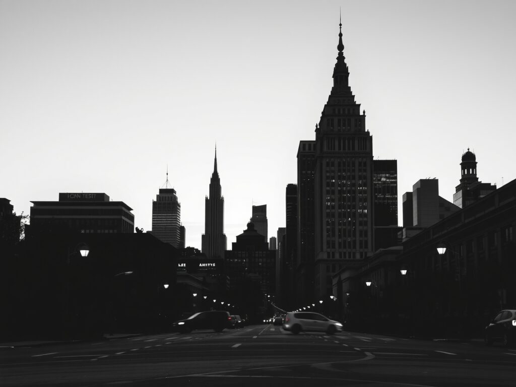 Monochrome Urban Landscape at Dusk – free AI stock image