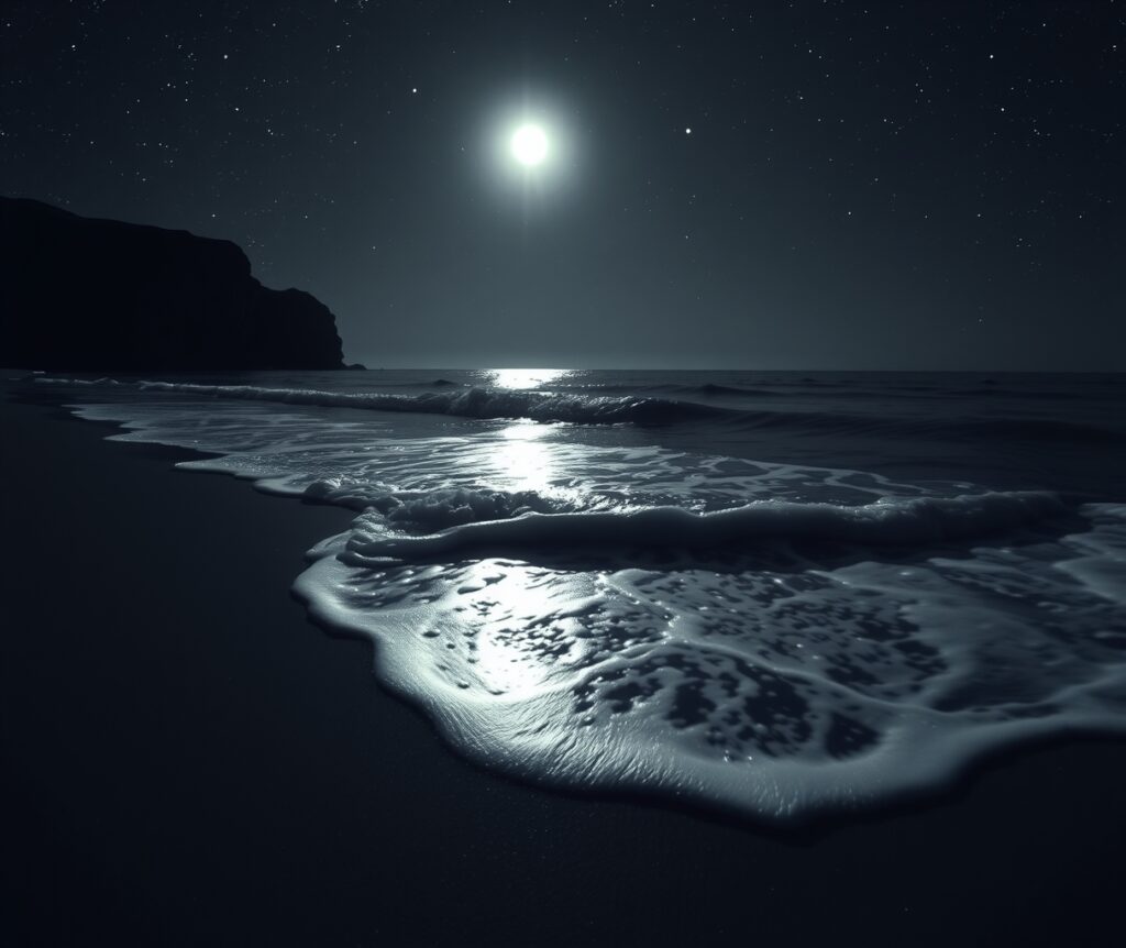 Monochrome Waves at Midnight Beach – free AI stock image