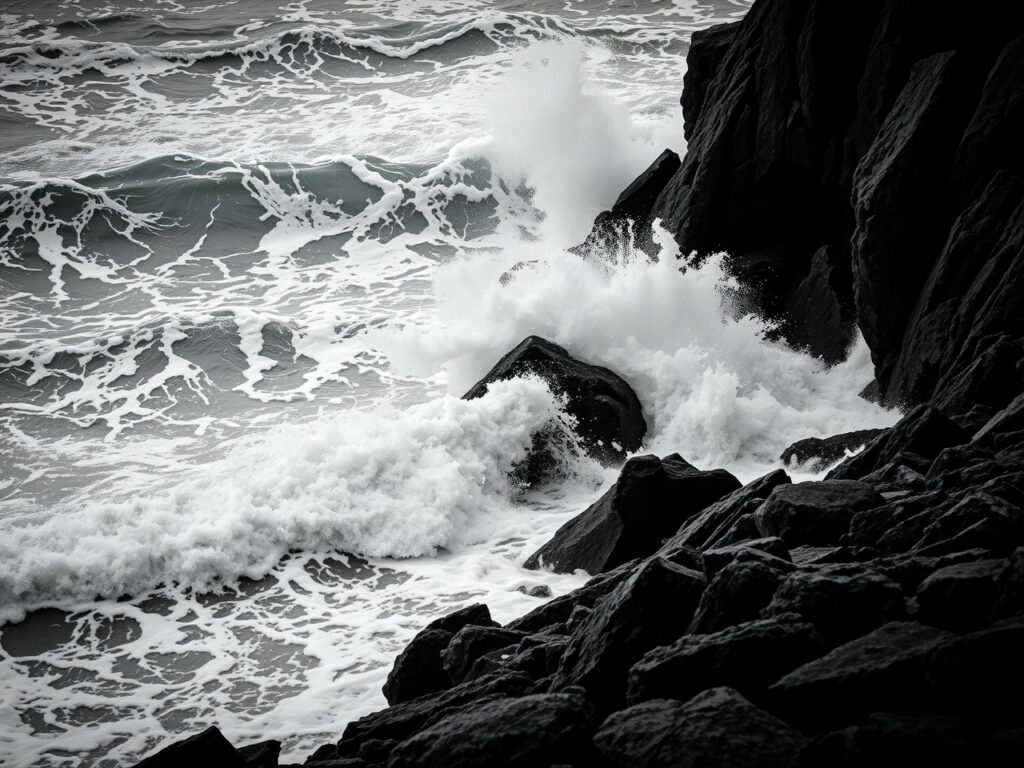 Monochrome Waves Crashing on Rocky Shore – free AI stock image