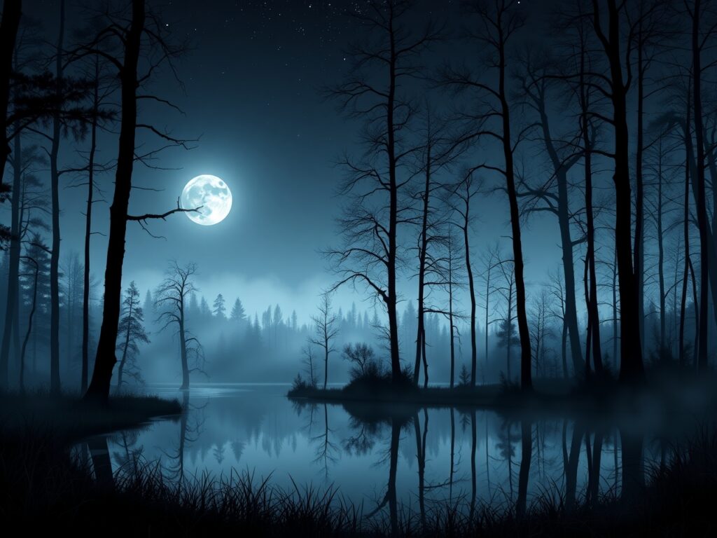 Moonlit Forest with Reflective Pond – free AI stock image