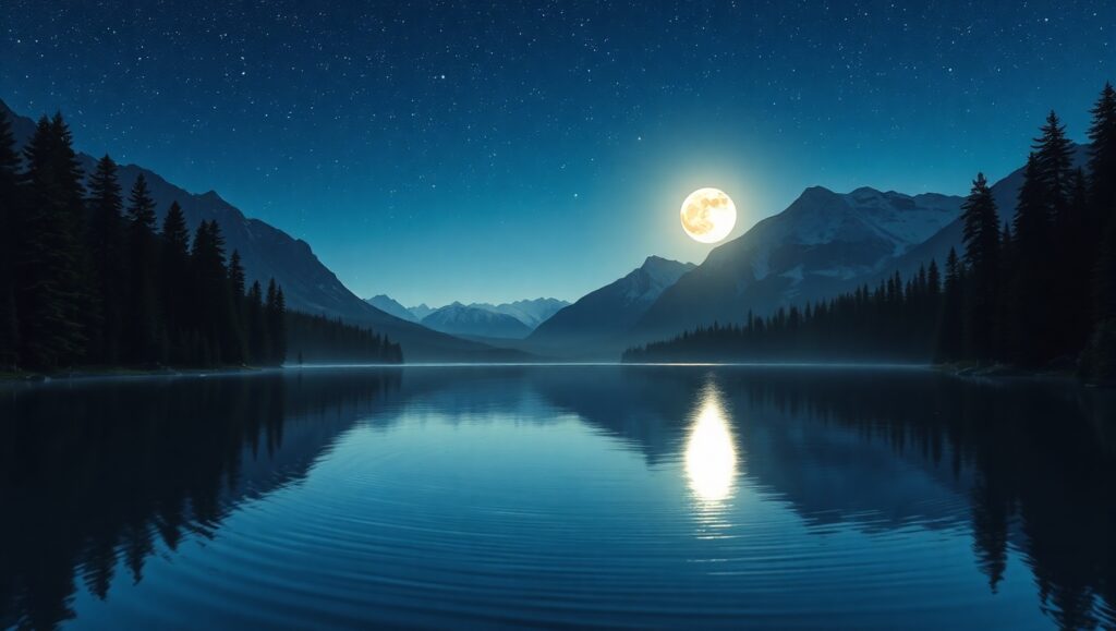 Moonlit Lake in Tranquil Mountains – free AI stock image