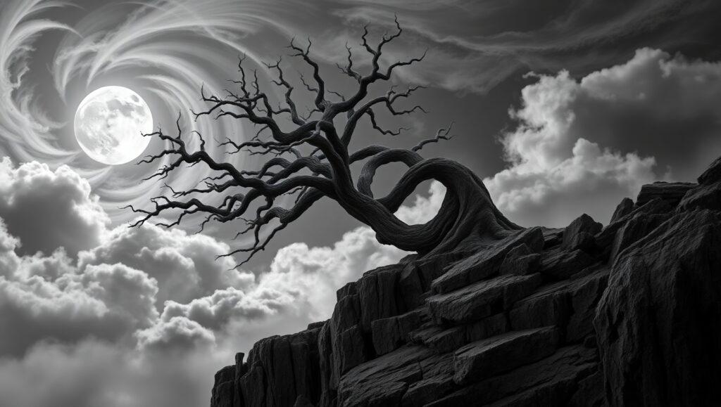 Moonlit Tree on Rocky Cliff – free AI stock image