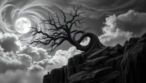 Moonlit Tree on Rocky Cliff – free AI stock image