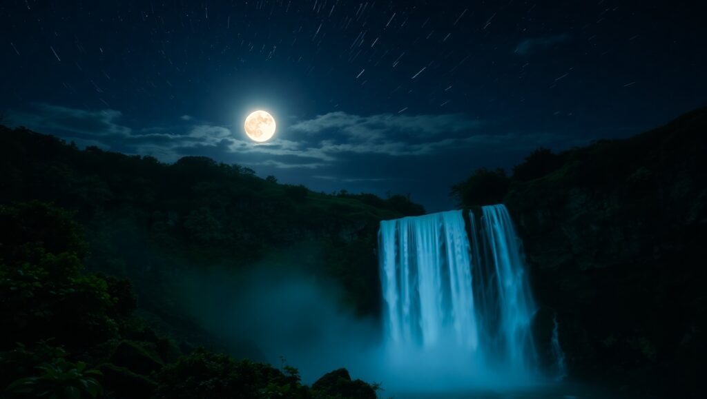 Moonlit Waterfall with Star Trails – free AI stock image
