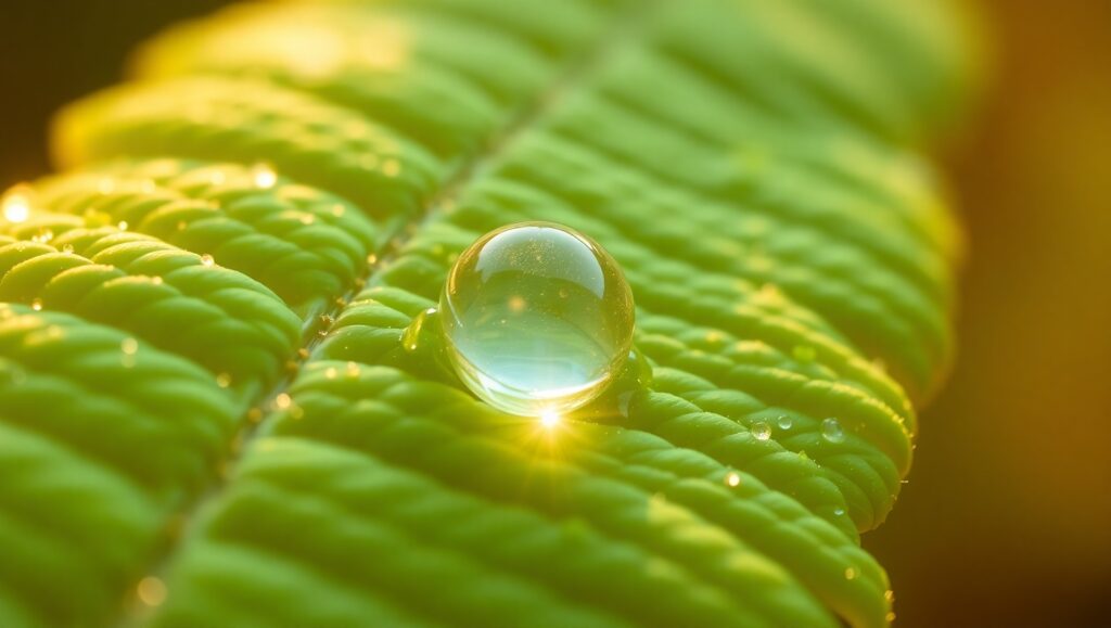 Morning Dew on Leaf Macro Shot – free AI stock image