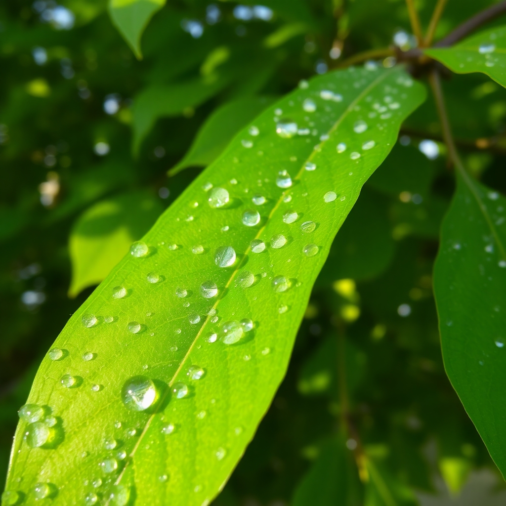 Morning Dew on Reflective Leaves – free AI stock image