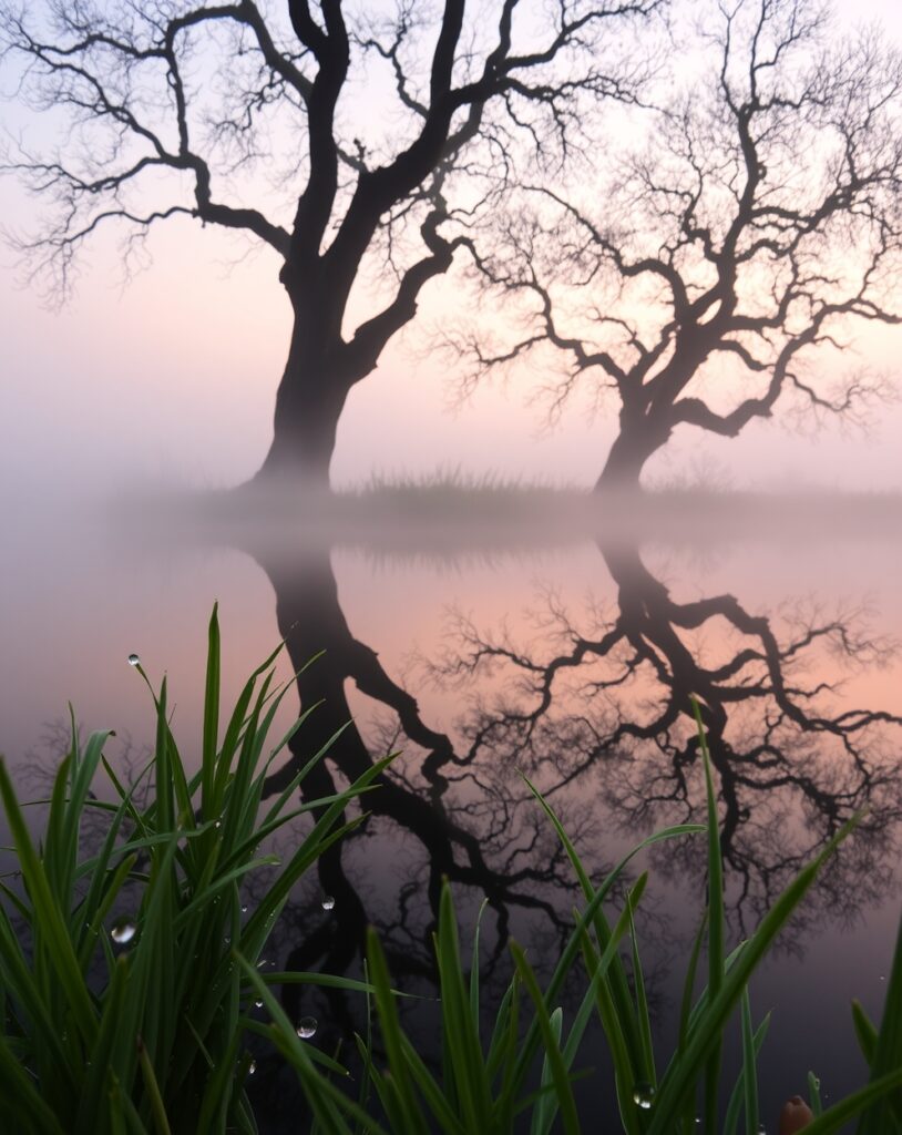 Morning Dew on Tranquil Lake Surface – free AI stock image