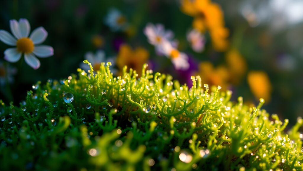 Morning Dew on Vibrant Moss – free AI stock image
