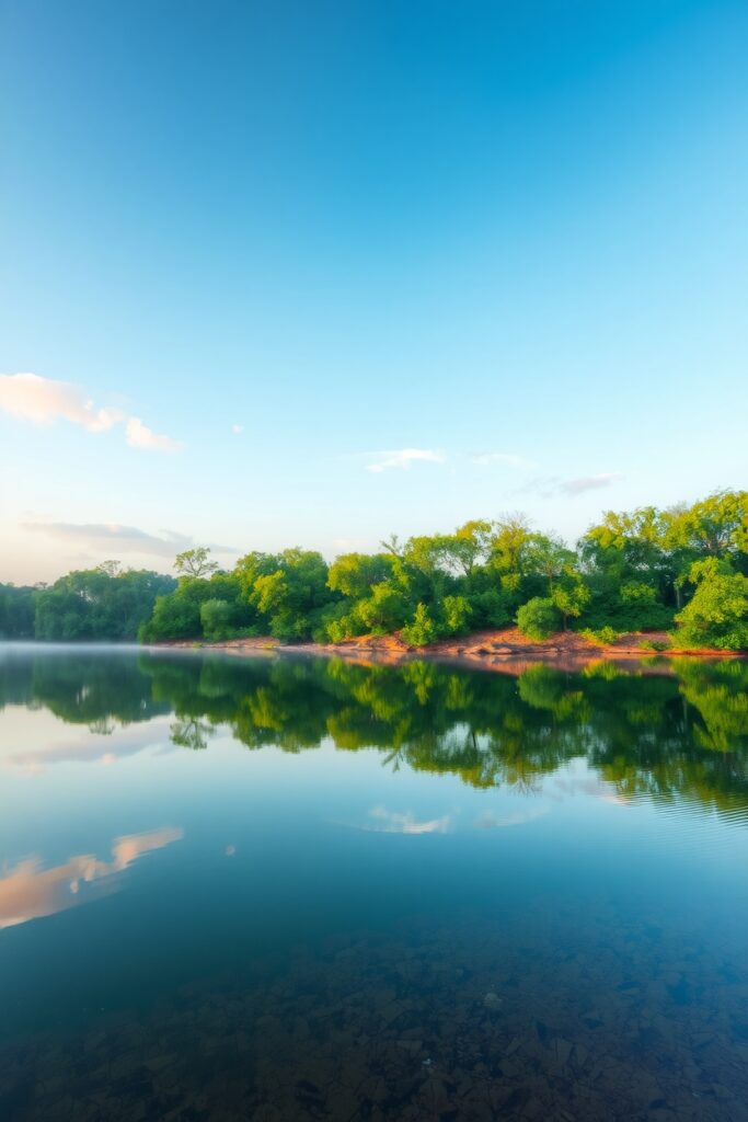 Morning Lake Reflecting Trees and – free AI stock image