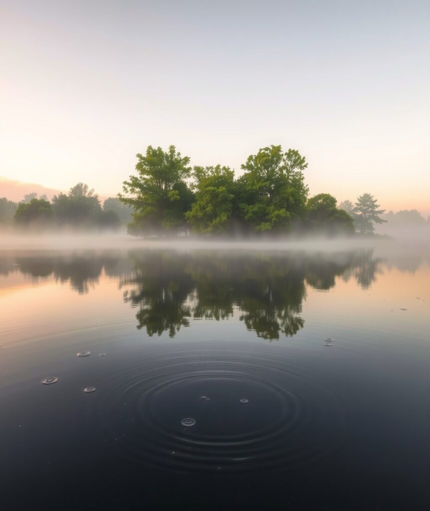 Morning Mist Over Tranquil Lake Surface – free AI stock image