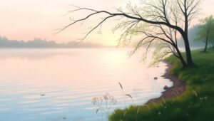 Morning Reflections by the Lake – free AI stock image