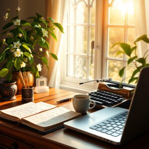 Morning Routine at a Cozy Home Office – free AI stock image