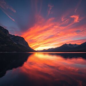 Mountain Lake at Sunset with Reflective Waters – free AI stock image