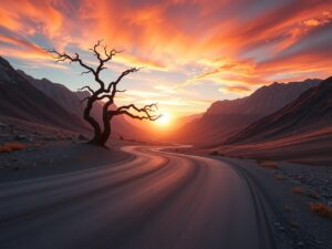 Mountain Road Trip Adventure at Sunset – free AI stock image