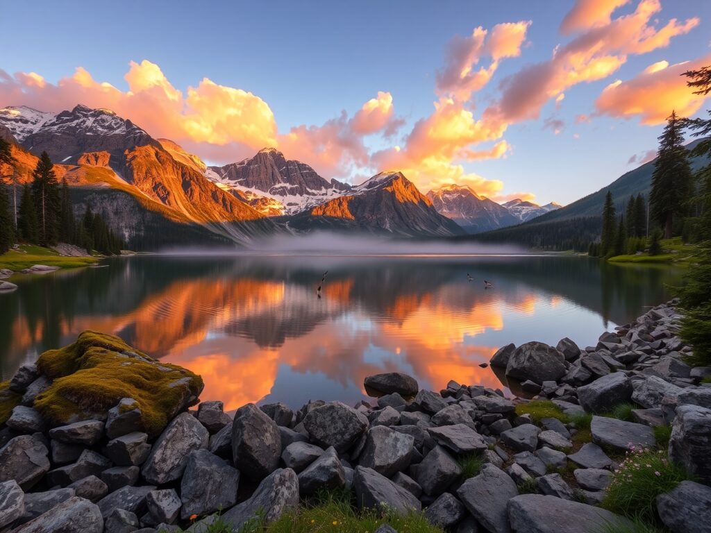 Mountain Sunrise Over Tranquil Lake – free AI stock image