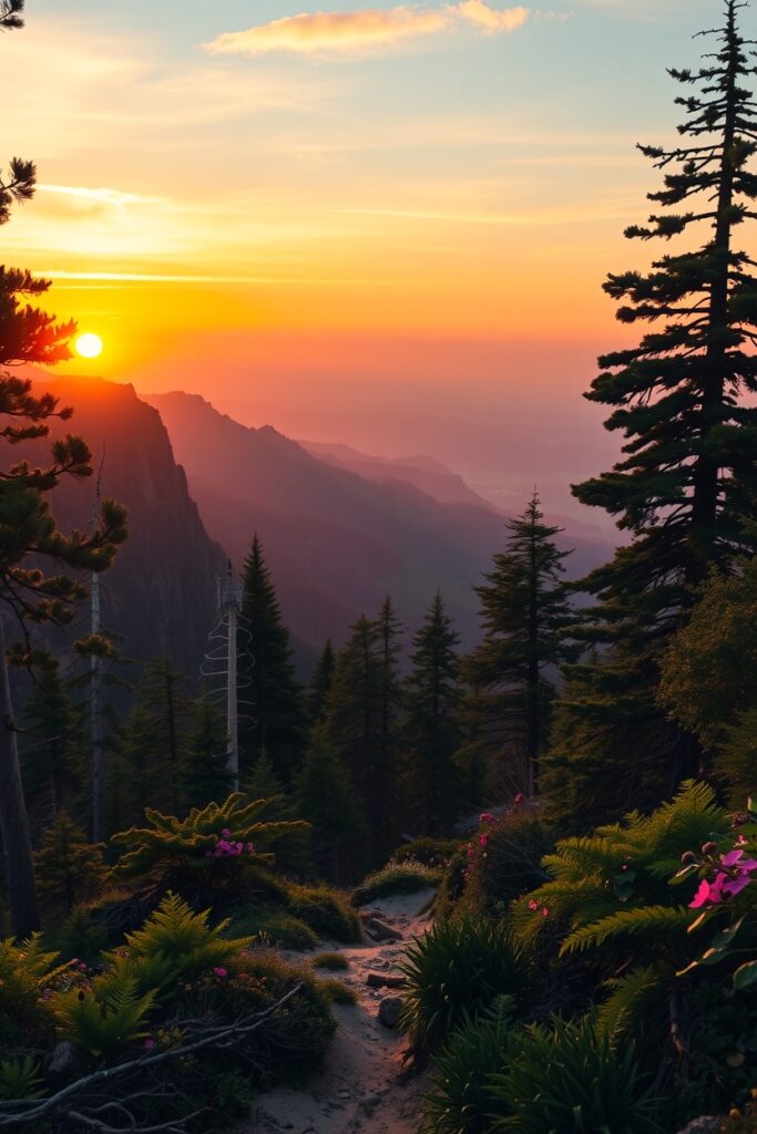 Mountain Sunset on a Remote Trail – free AI stock image