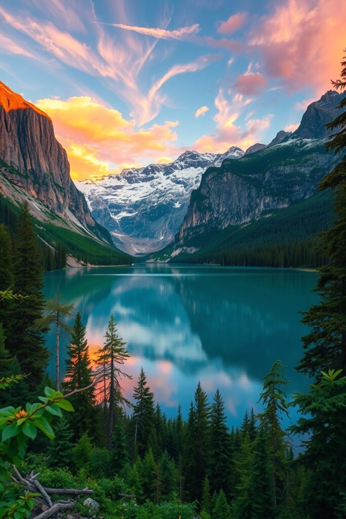 Mountain Sunset Over Serene Lake – free AI stock image
