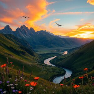 Mountain Valley Under a Vibrant Sunset Sky – free AI stock image