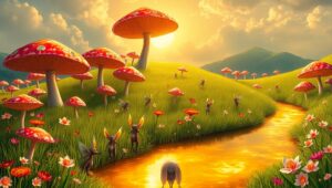 Mushroom Dance at Sunrise – free AI stock image