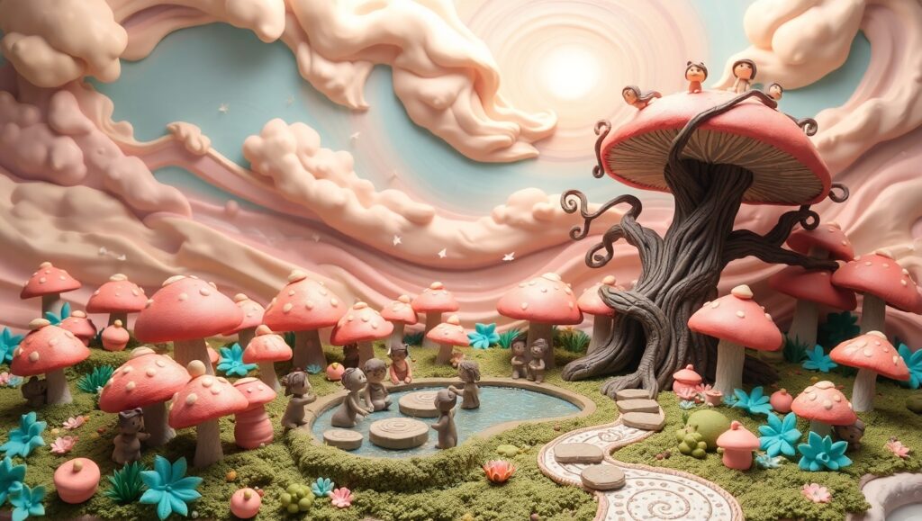 Mushroom Village in Clay Fantasy – free AI stock image