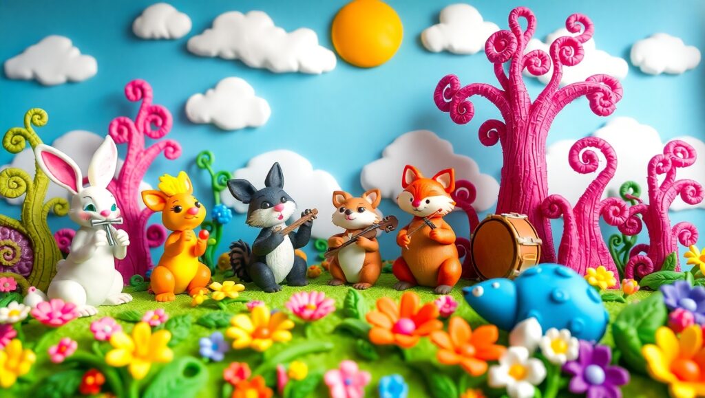 Musical Forest of Clay Creatures – free AI stock image