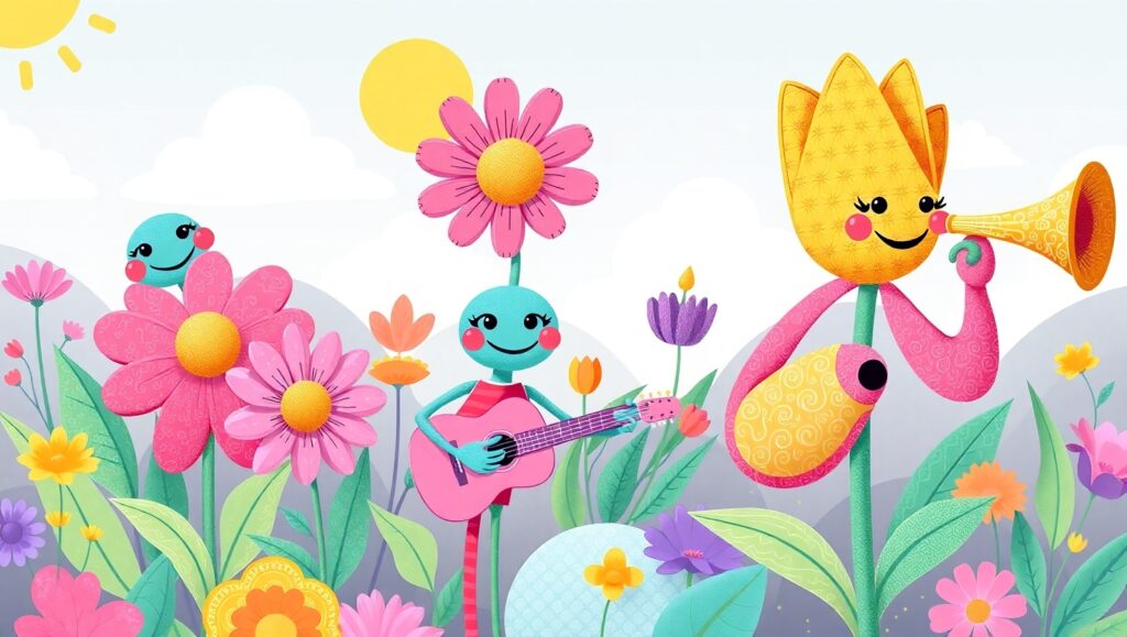 Musical Garden of Colorful Flowers – free AI stock image