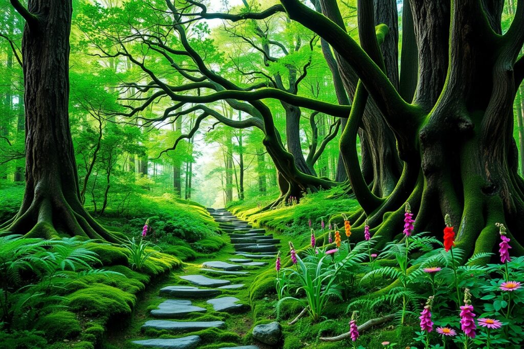 Mysterious Forest Path Under Shimmering Light – free AI stock image