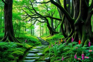 Mysterious Forest Path Under Shimmering Light – free AI stock image