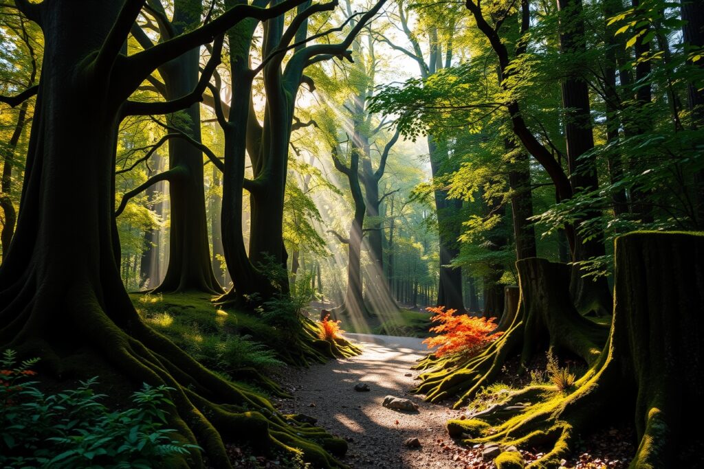Mysterious Forest with Misty Pathway – free AI stock image