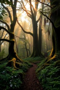 Mysterious Misty Forest at Dawn – free AI stock image