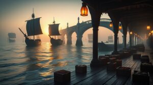 Mysterious Trading Port at Dusk – free AI stock image