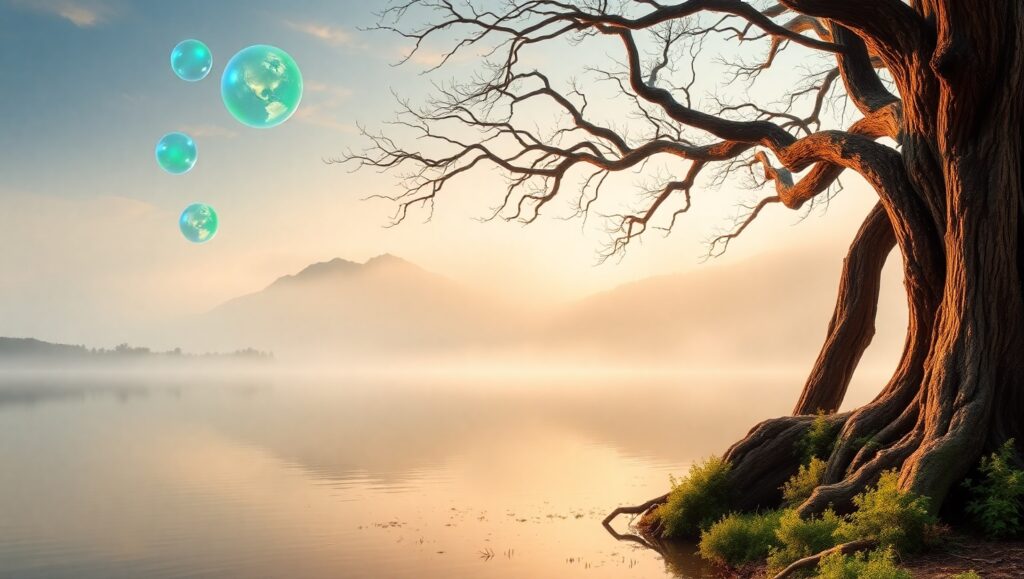 Mystic Orbs Above the Tranquil Lake – free AI stock image