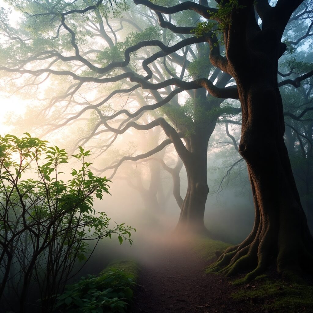 Mystical Foggy Forest at Dawn – free AI stock image