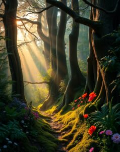 Mystical Forest at Dawn with Ethereal Light – free AI stock image