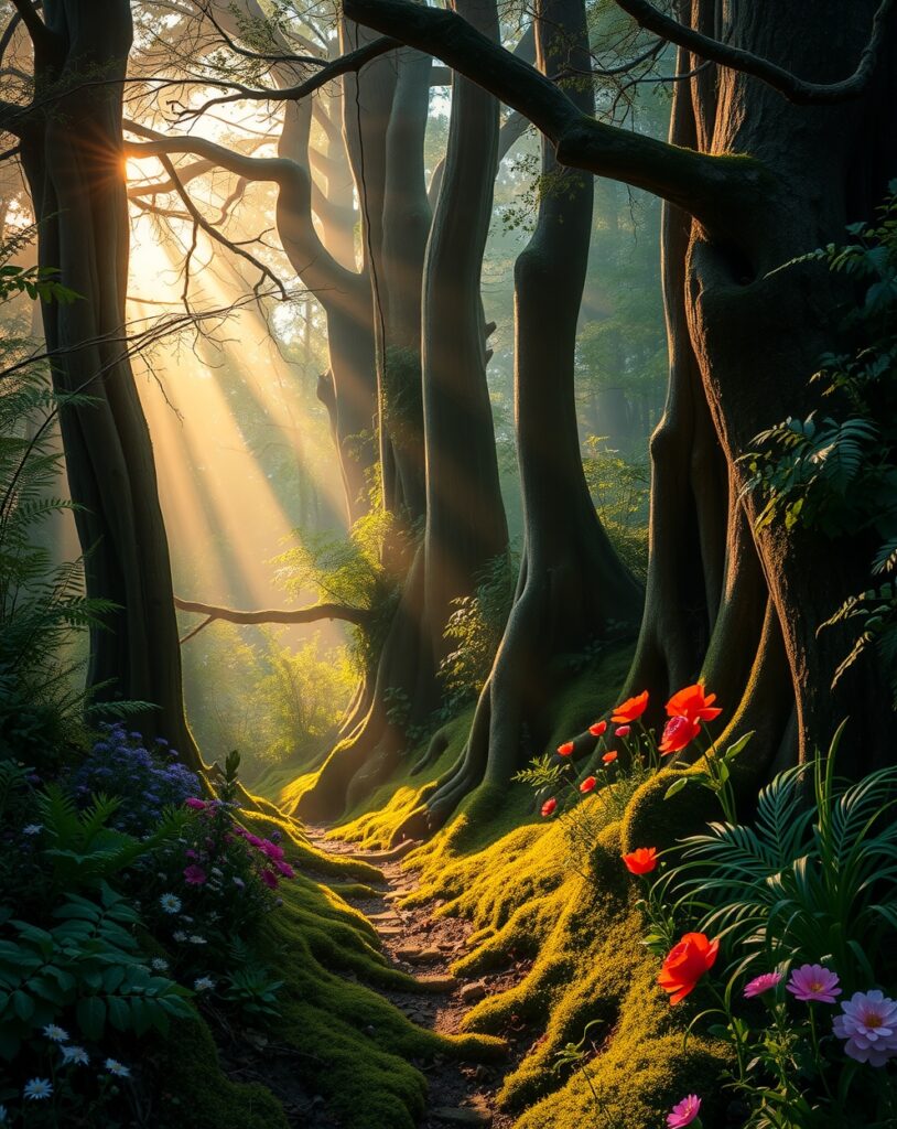 Mystical Forest at Dawn with Ethereal Light – free AI stock image