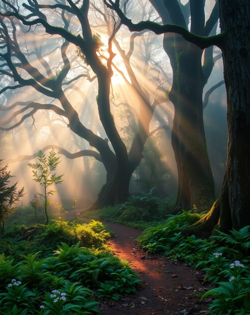 Mystical Forest at Dawn with Mist – free AI stock image