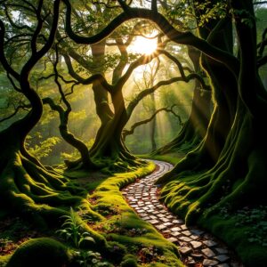 Mystical Forest at Dawn with Mist – free AI stock image