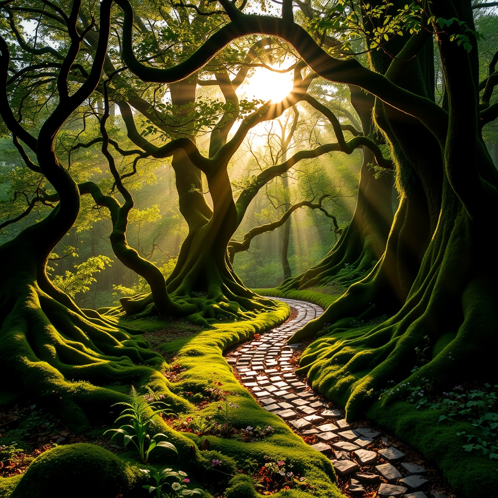 Mystical Forest at Dawn with Mist – free AI stock image