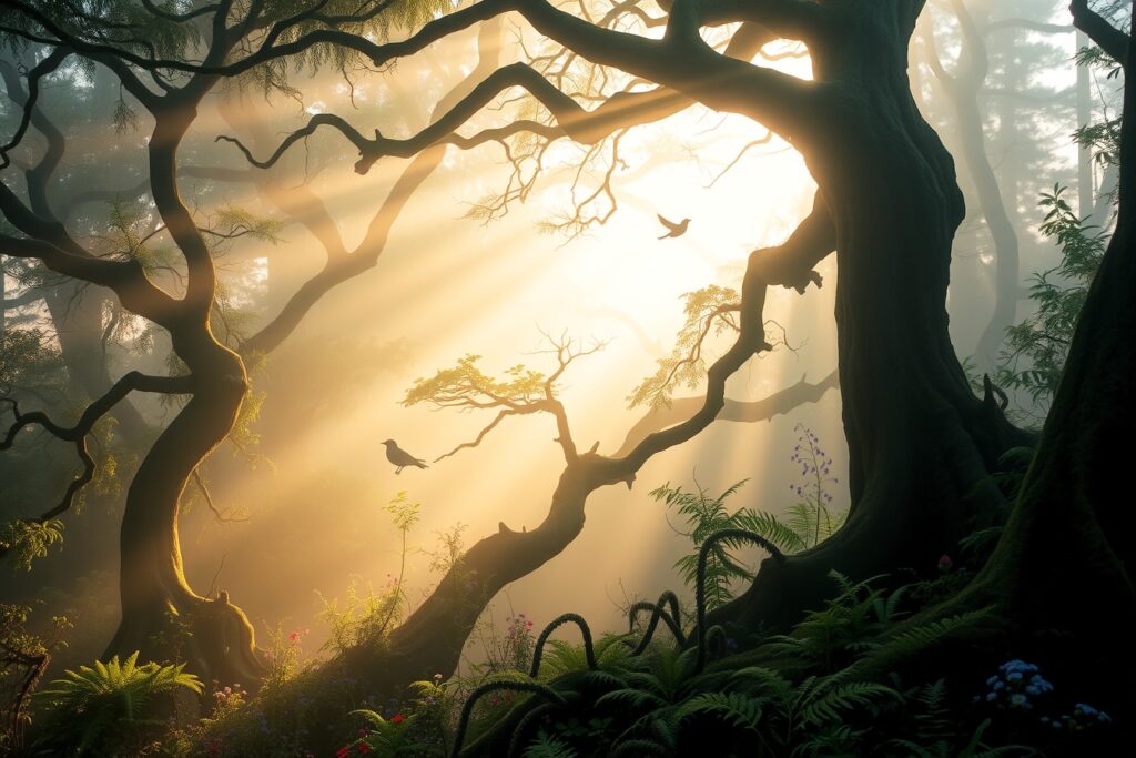 Mystical Forest at Dawn with Mist – free AI stock image