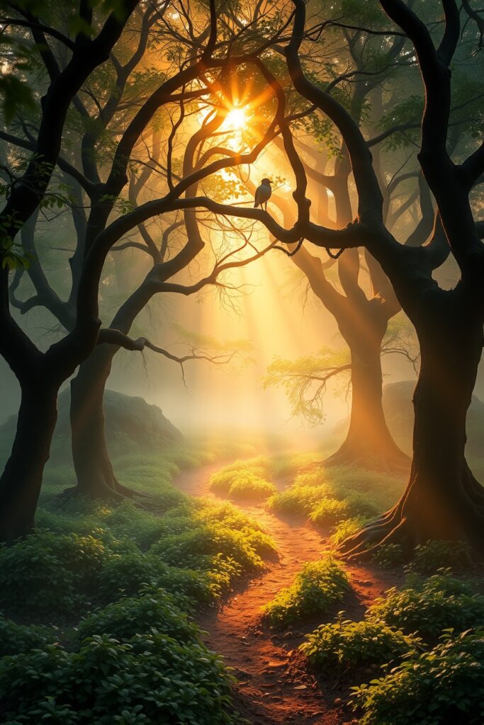Mystical Forest at Dawn with Mist – free AI stock image