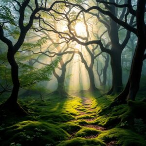 Mystical Forest at Dawn with Soft Fog – free AI stock image
