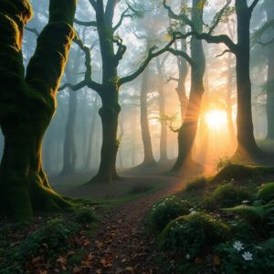 Mystical Forest at Dawn with Soft Fog – free AI stock image