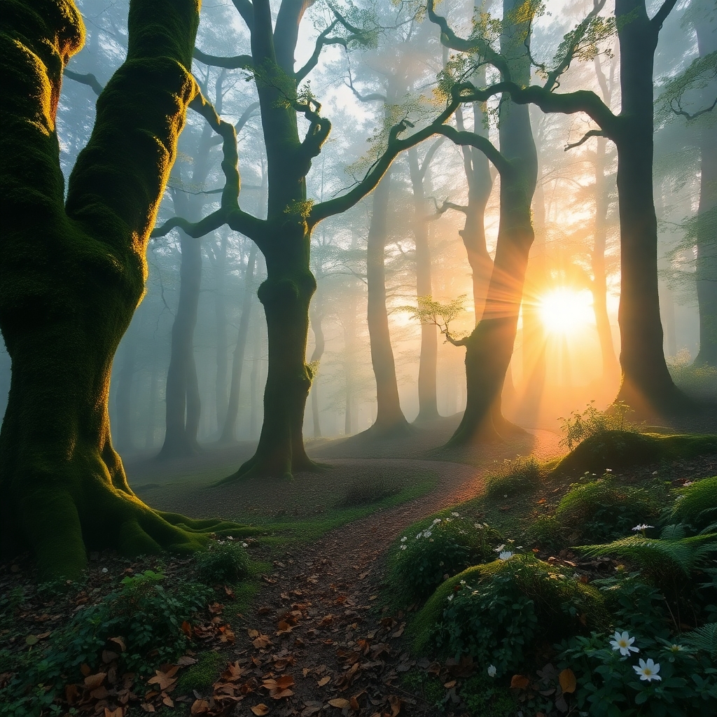Mystical Forest at Dawn with Soft Fog – free AI stock image