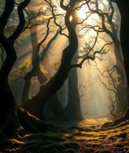 Mystical Forest at Dawn with Soft Light – free AI stock image