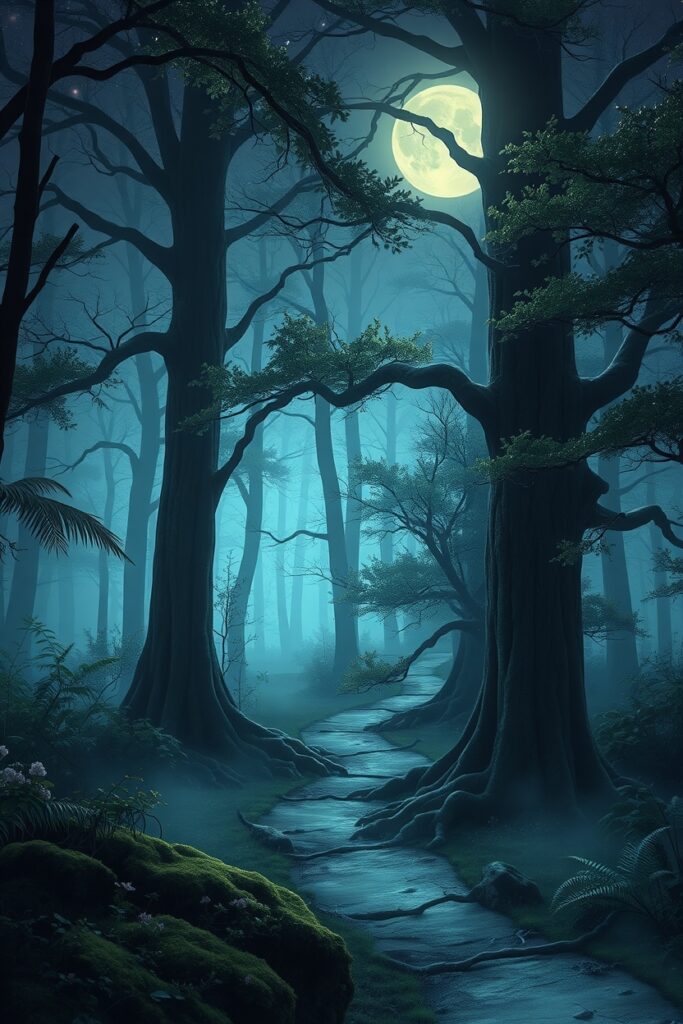 Mystical Forest Beneath a Starry Night – free AI stock image