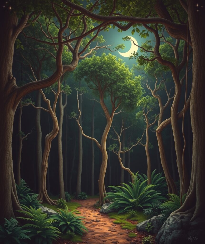 Mystical Forest Beneath a Starry Sky – free AI stock image
