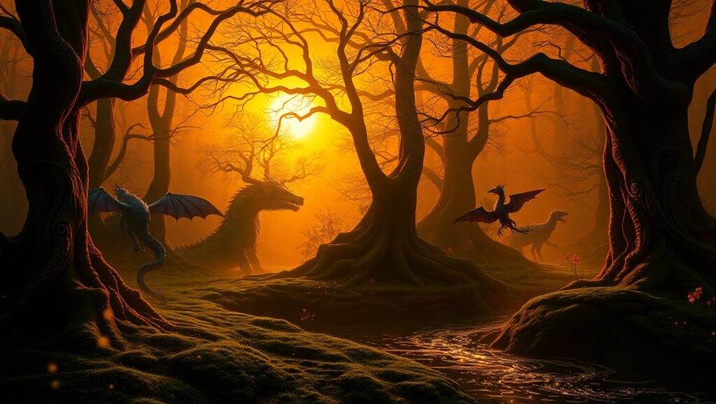 Mystical Forest in Bronze Light – free AI stock image