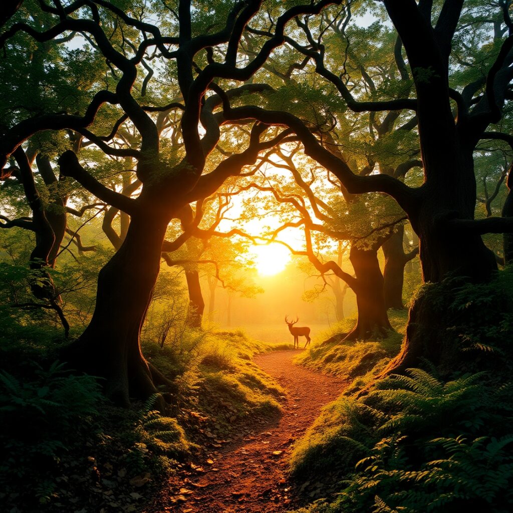 Mystical Forest in the Golden Sunset – free AI stock image